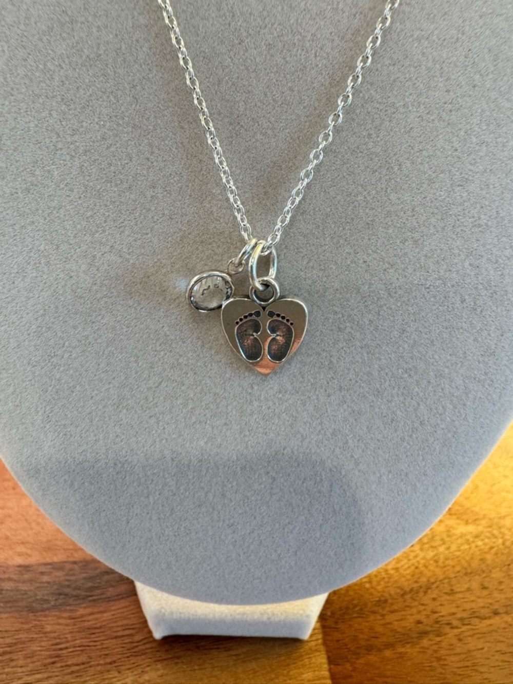 Sterling Silver 925 Baby Footprints Heart Pendant Necklace with Crystal Charm - Picture 2 of 5
